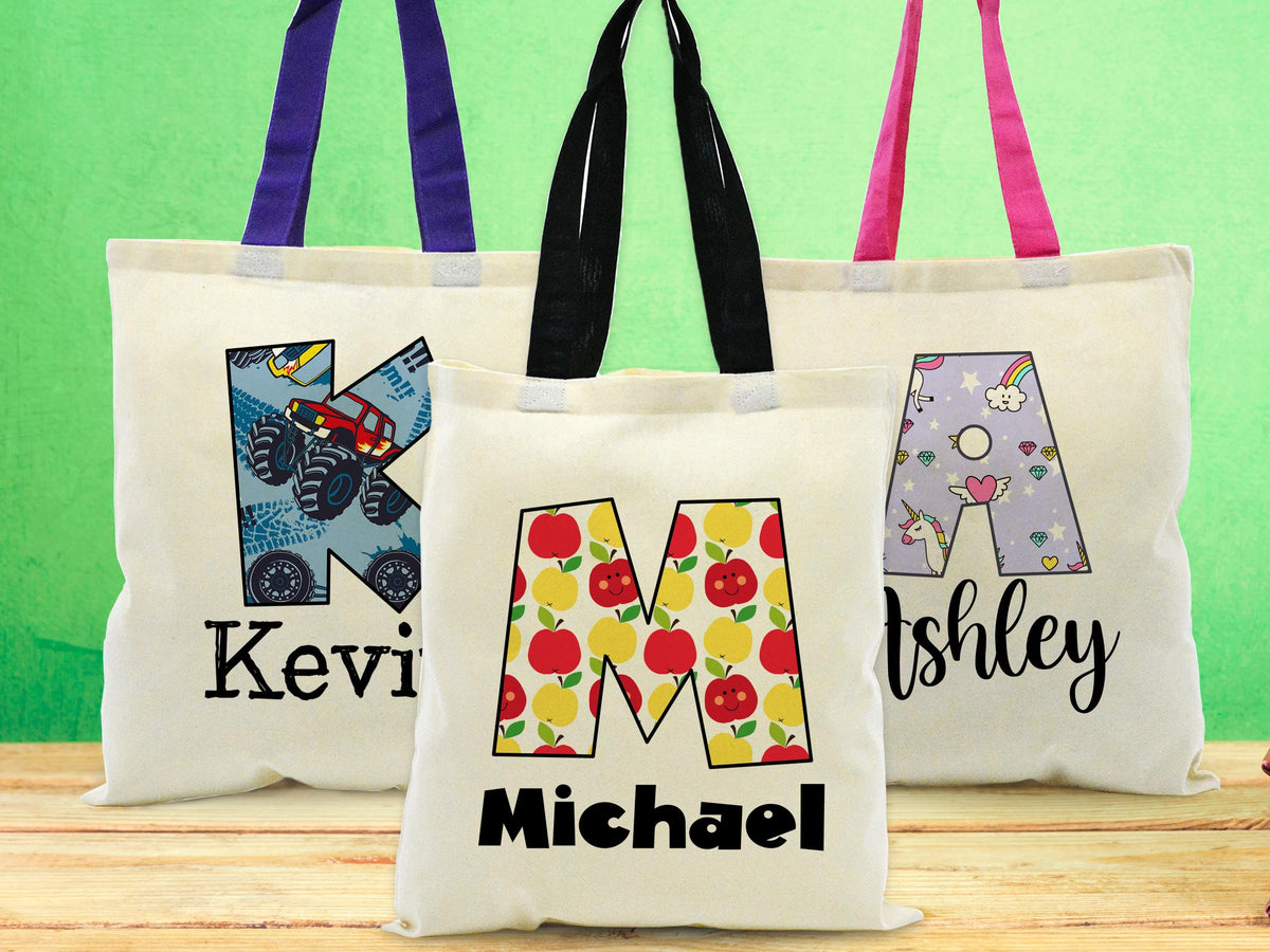 Personalized Kids Name Tote Bag Library Tote for Kids Children Book Bag Custom Stationery Canvas Bag Kids School Tote With Rainbow Dinosaur