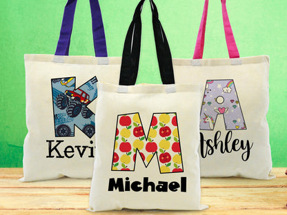 Personalized Kids Name Tote Bag Library Tote for Kids Children Book Bag Custom Stationery Canvas Bag Kids School Tote With Rainbow Dinosaur