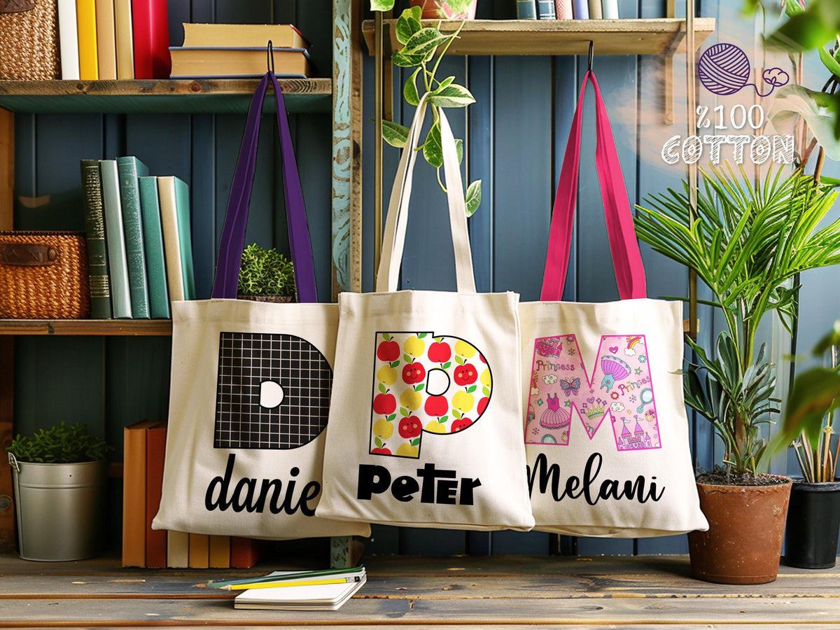 Personalized Kids Name Tote Bag Library Tote for Kids Children Book Bag Custom Stationery Canvas Bag Kids School Tote With Rainbow Dinosaur