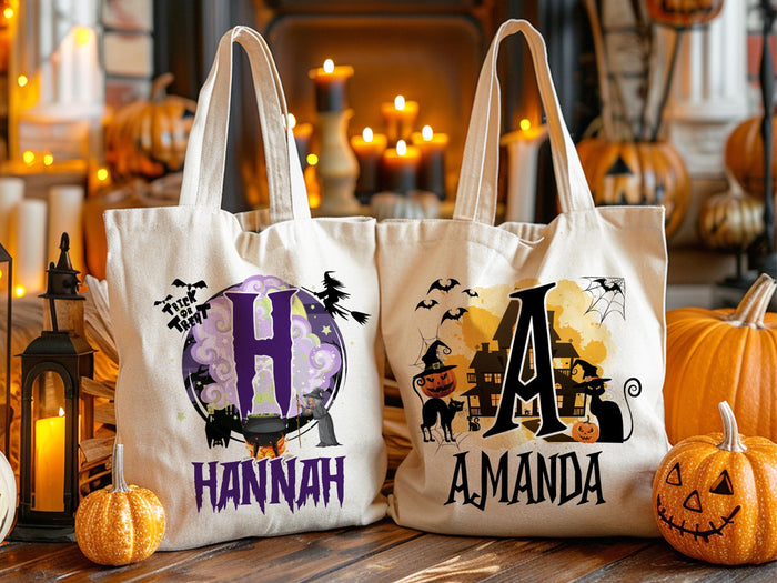 Personalized Halloween Tote Bag Customized Pumpkin Witch Black Cat Castle Skeleton Ghost Canvas Bag for Trick or Treat Goodie gift Bags