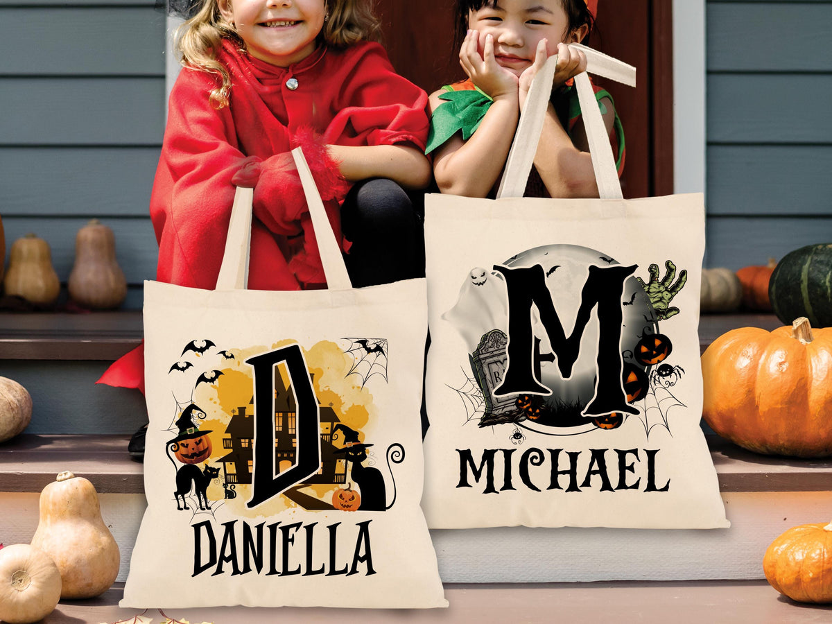 Personalized Halloween Tote Bag Customized Pumpkin Witch Black Cat Castle Skeleton Ghost Canvas Bag for Trick or Treat Goodie gift Bags