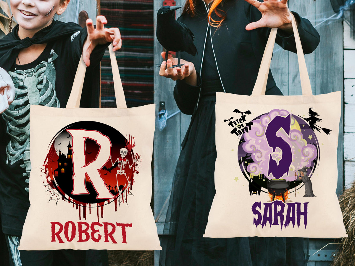 Personalized Halloween Tote Bag Customized Pumpkin Witch Black Cat Castle Skeleton Ghost Canvas Bag for Trick or Treat Goodie gift Bags