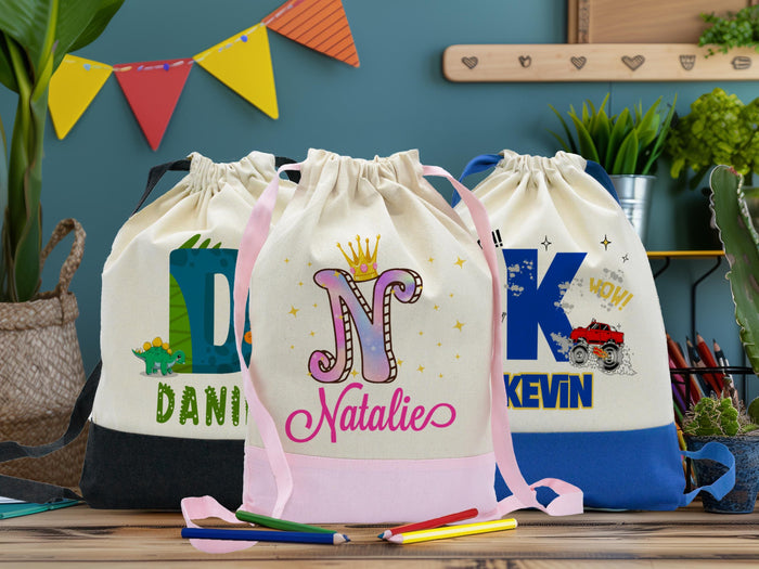 Personalized Kids Drawstring Backpack: Cotton Canvas First School Bag