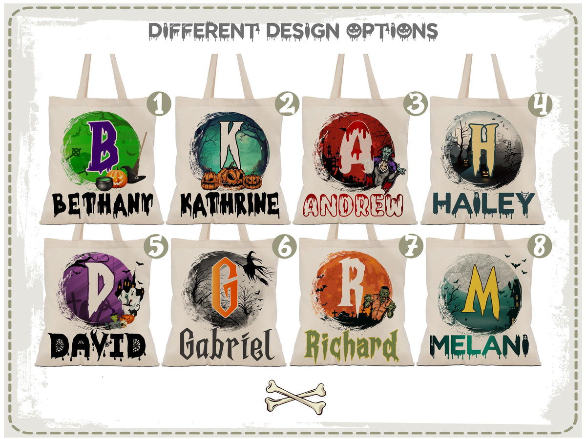 Personalized Halloween Tote Bag, Customized Pumpkin Witch Black Cat Castle Skeleton Ghost Canvas Tote Bag for Trick or Treat Goodie Gift Bag