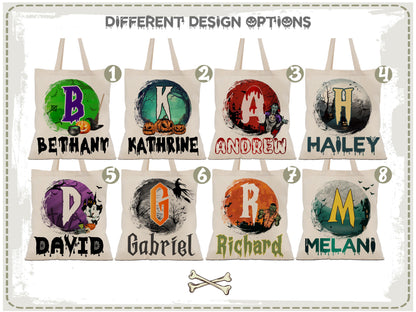 Personalized Halloween Tote Bag, Customized Pumpkin Witch Black Cat Castle Skeleton Ghost Canvas Tote Bag for Trick or Treat Goodie Gift Bag