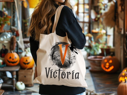 Personalized Halloween Tote Bag, Customized Pumpkin Witch Black Cat Castle Skeleton Ghost Canvas Tote Bag for Trick or Treat Goodie Gift Bag