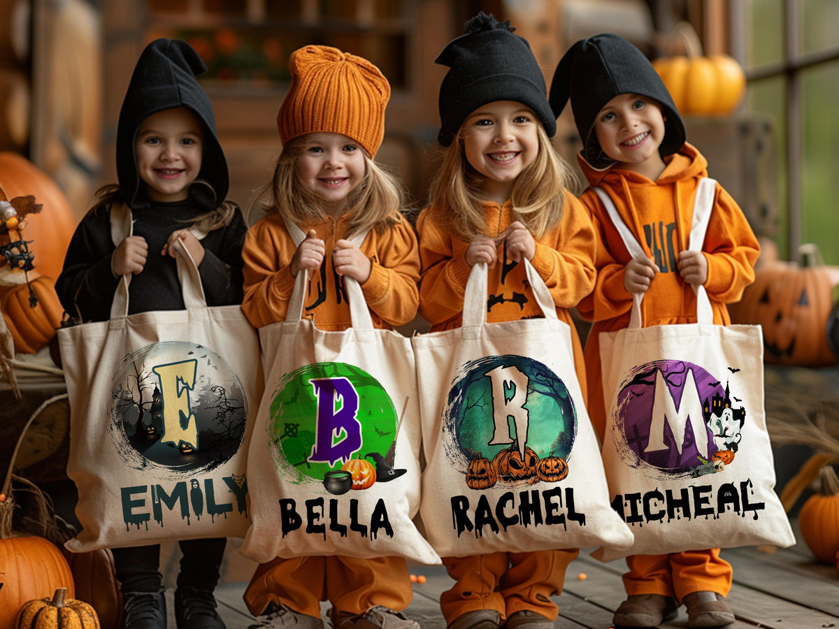 Personalized Halloween Tote Bag, Customized Pumpkin Witch Black Cat Castle Skeleton Ghost Canvas Tote Bag for Trick or Treat Goodie Gift Bag