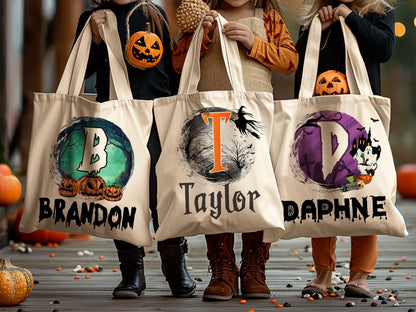 Personalized Halloween Tote Bag, Customized Pumpkin Witch Black Cat Castle Skeleton Ghost Canvas Tote Bag for Trick or Treat Goodie Gift Bag