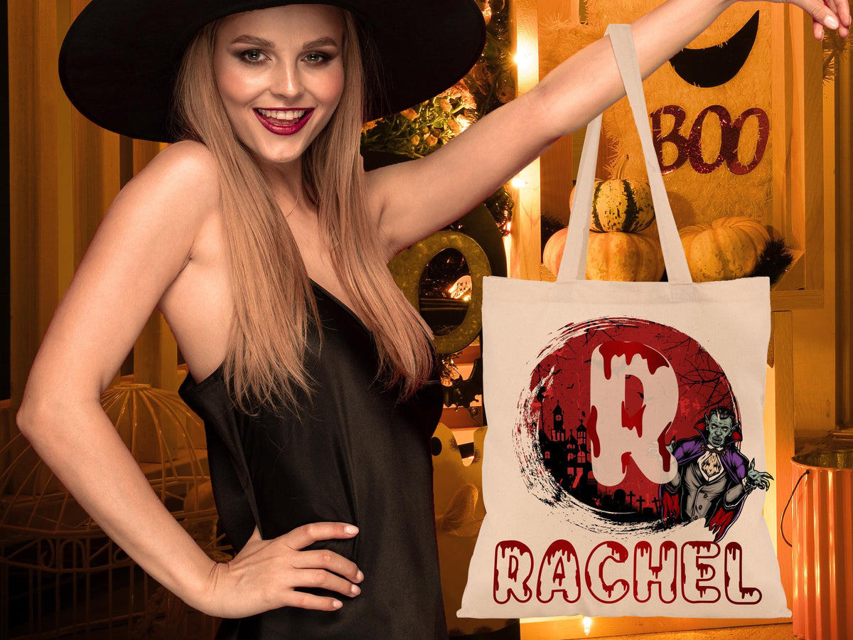 Personalized Halloween Tote Bag, Customized Pumpkin Witch Black Cat Castle Skeleton Ghost Canvas Tote Bag for Trick or Treat Goodie Gift Bag