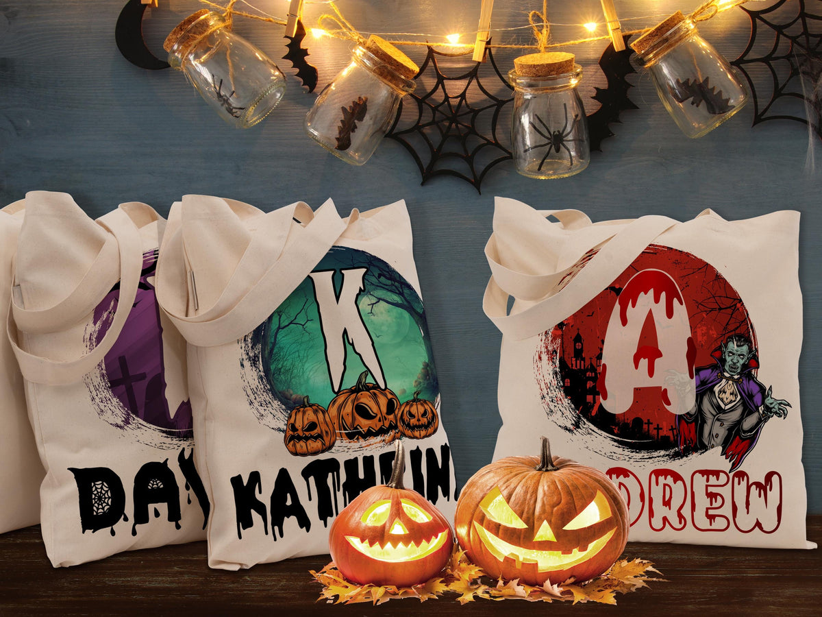 Personalized Halloween Tote Bag, Customized Pumpkin Witch Black Cat Castle Skeleton Ghost Canvas Tote Bag for Trick or Treat Goodie Gift Bag