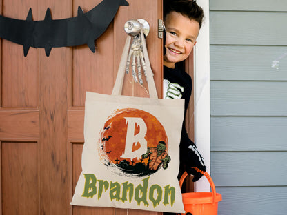 Personalized Halloween Tote Bag, Customized Pumpkin Witch Black Cat Castle Skeleton Ghost Canvas Tote Bag for Trick or Treat Goodie Gift Bag