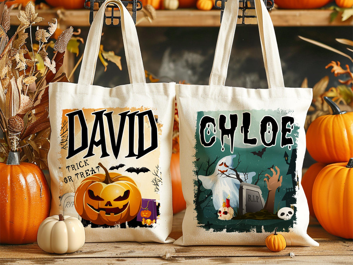Personalized Halloween Trick or Treat Bag: Witch, Cat, Castle Design