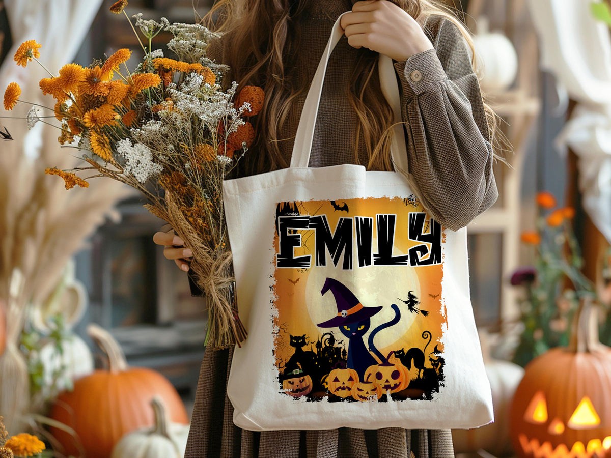 Personalized Halloween Trick or Treat Bag: Witch, Cat, Castle Design