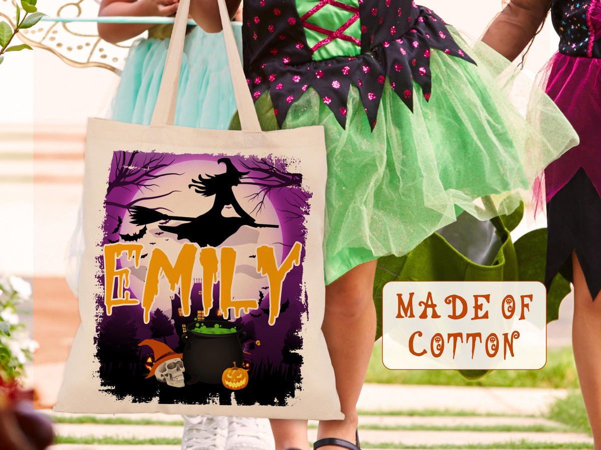 Personalized Halloween Trick or Treat Bag: Witch, Cat, Castle Design