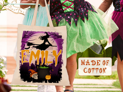 Personalized Halloween Trick or Treat Bag: Witch, Cat, Castle Design