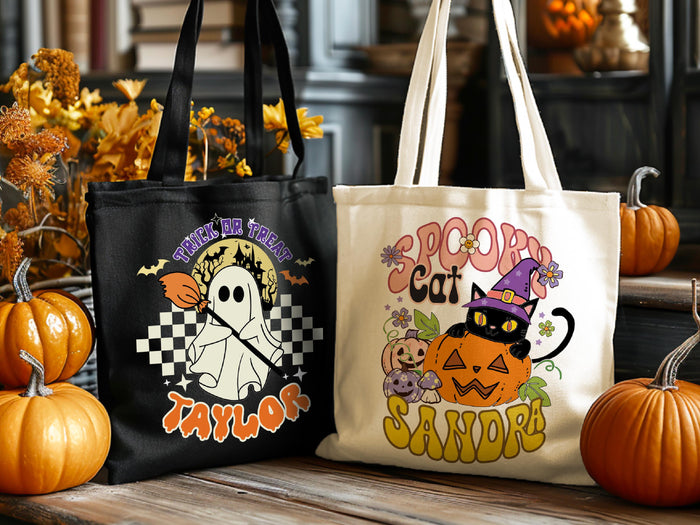 Personalized Halloween Tote Bag, Trick Or Treat Tote Bag, Halloween Bags for Kids Halloween Tote Bag for Gift, Candy Bags Halloween Basket