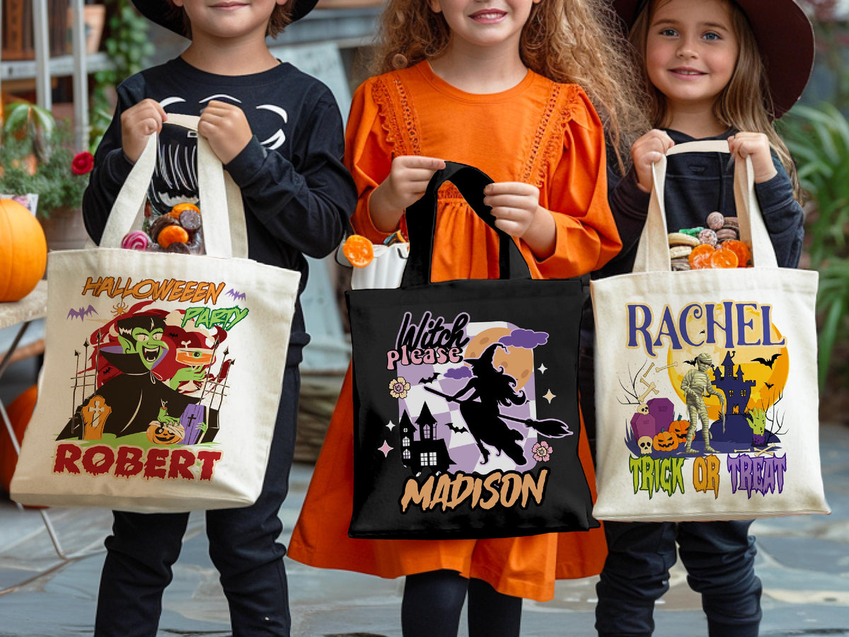 Personalized Halloween Tote Bag, Trick Or Treat Tote Bag, Halloween Bags for Kids Halloween Tote Bag for Gift, Candy Bags Halloween Basket