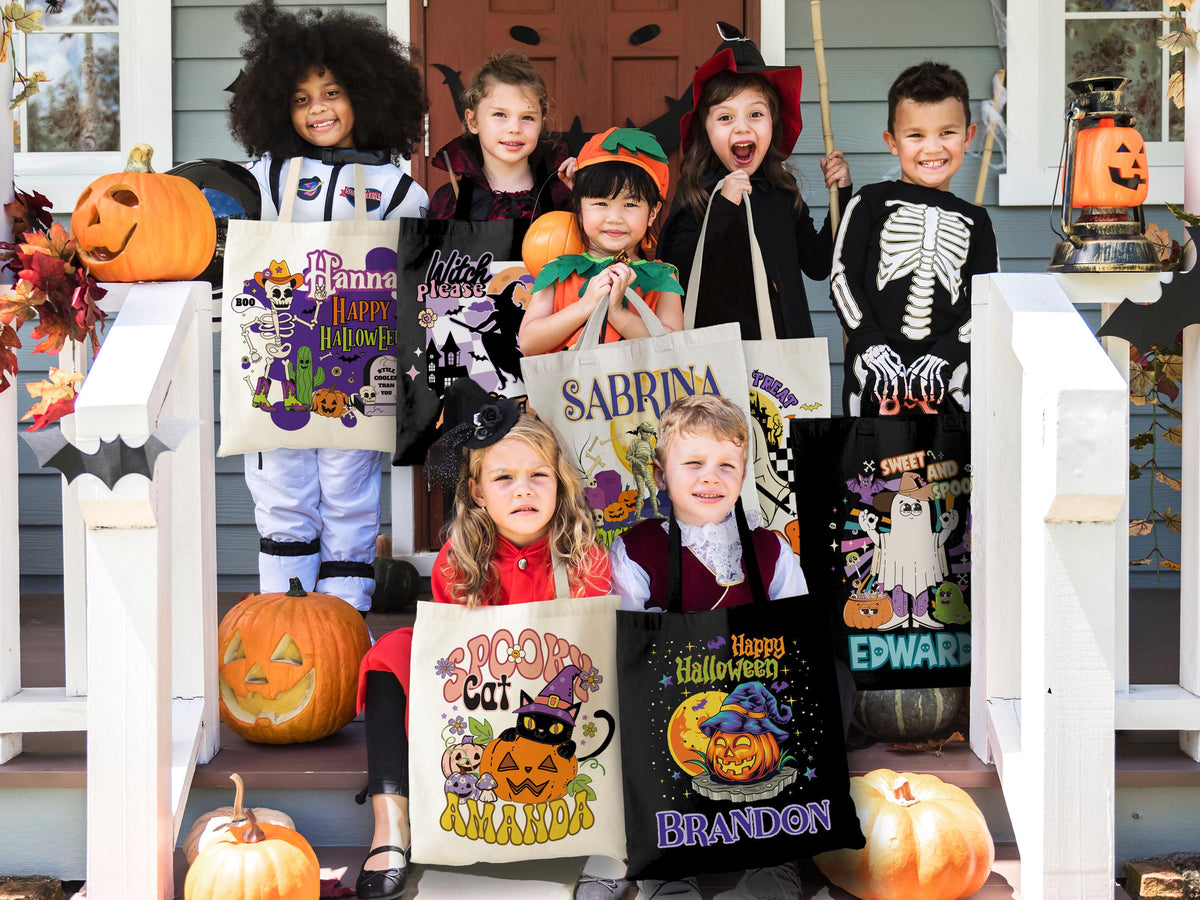 Personalized Halloween Tote Bag, Trick Or Treat Tote Bag, Halloween Bags for Kids Halloween Tote Bag for Gift, Candy Bags Halloween Basket