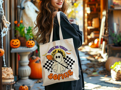 Personalized Halloween Tote Bag, Trick Or Treat Tote Bag, Halloween Bags for Kids Halloween Tote Bag for Gift, Candy Bags Halloween Basket