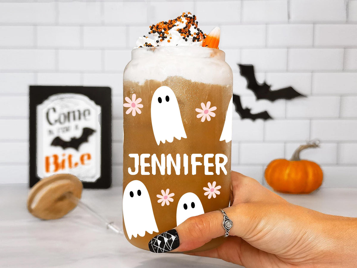 Funny Ghost Halloween Party Iced Coffee Cup, Custom Name Pumpkin Ghost Glass Can Coffee Cup Lid and Straw, Fall Coffee Mug, Halloween Gifts