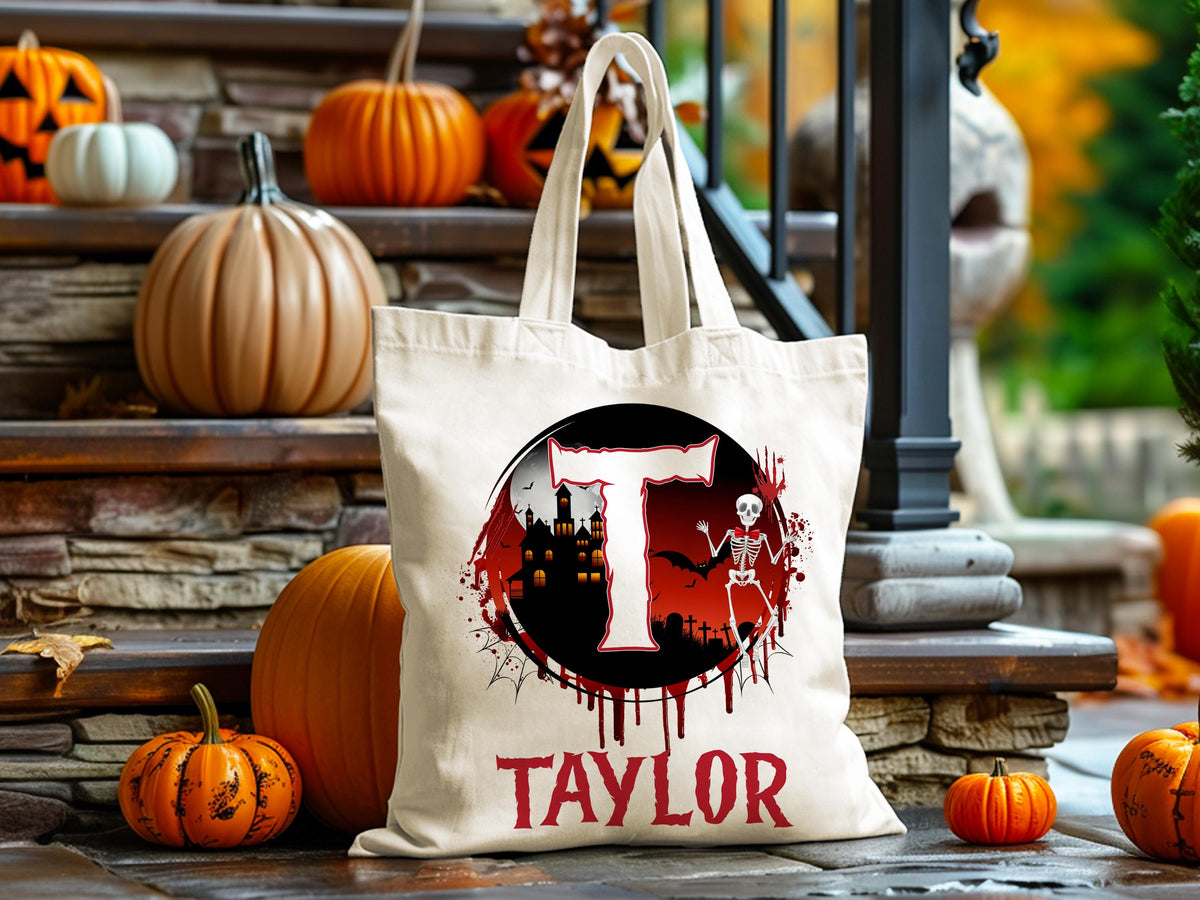Personalized Halloween Tote Bag Customized Pumpkin Witch Black Cat Castle Skeleton Ghost Canvas Bag for Trick or Treat Goodie gift Bags