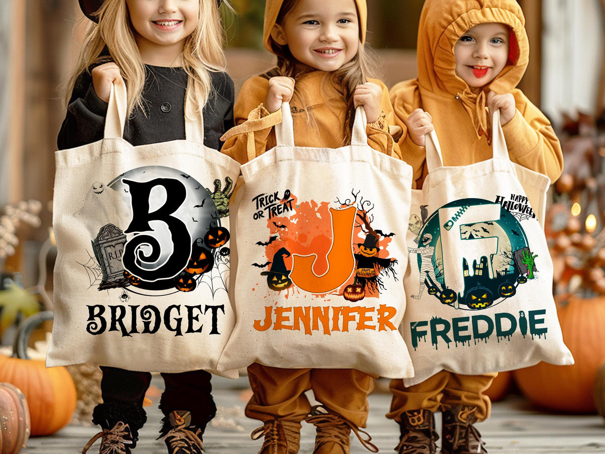 Personalized Halloween Tote Bag Customized Pumpkin Witch Black Cat Castle Skeleton Ghost Canvas Bag for Trick or Treat Goodie gift Bags