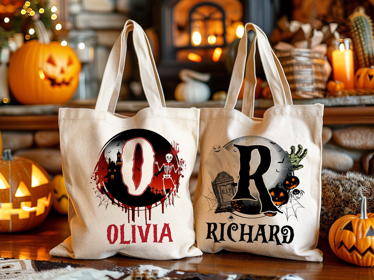 Personalized Halloween Tote Bag Customized Pumpkin Witch Black Cat Castle Skeleton Ghost Canvas Bag for Trick or Treat Goodie gift Bags