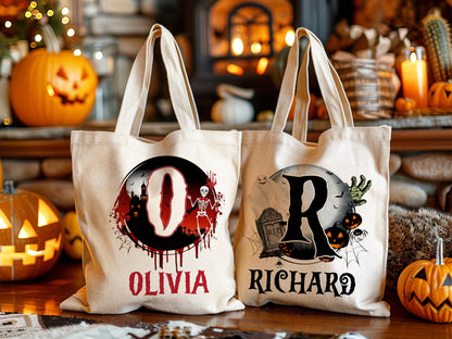 Personalized Halloween Tote Bag Customized Pumpkin Witch Black Cat Castle Skeleton Ghost Canvas Bag for Trick or Treat Goodie gift Bags