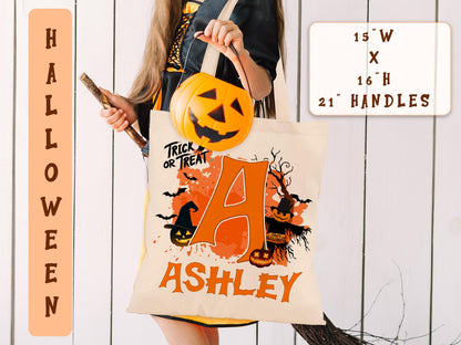 Personalized Halloween Tote Bag Customized Pumpkin Witch Black Cat Castle Skeleton Ghost Canvas Bag for Trick or Treat Goodie gift Bags