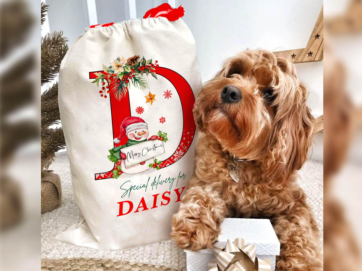 Christmas Santa Gift Bag for Kids Christmas, Custom Christmas Eve Bag, Sack for Christmas Presents, Holiday Gift Bag, Initial Snowman Secret