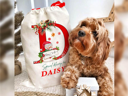 Christmas Santa Gift Bag for Kids Christmas, Custom Christmas Eve Bag, Sack for Christmas Presents, Holiday Gift Bag, Initial Snowman Secret