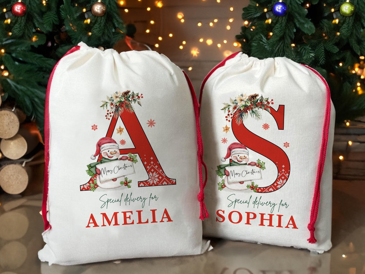 Christmas Santa Gift Bag for Kids Christmas, Custom Christmas Eve Bag, Sack for Christmas Presents, Holiday Gift Bag, Initial Snowman Secret