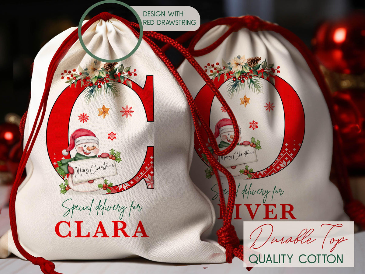 Christmas Santa Gift Bag for Kids Christmas, Custom Christmas Eve Bag, Sack for Christmas Presents, Holiday Gift Bag, Initial Snowman Secret