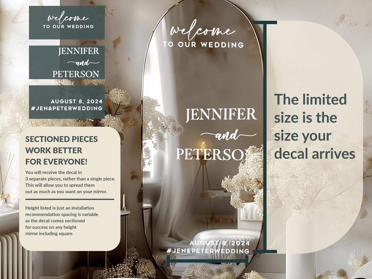 Custom Wedding Mirror Decal, Shower, Parties, Events, Personalized Welcome Sign, Personalized Vinyl Sticker for Mirror, Reception Decor