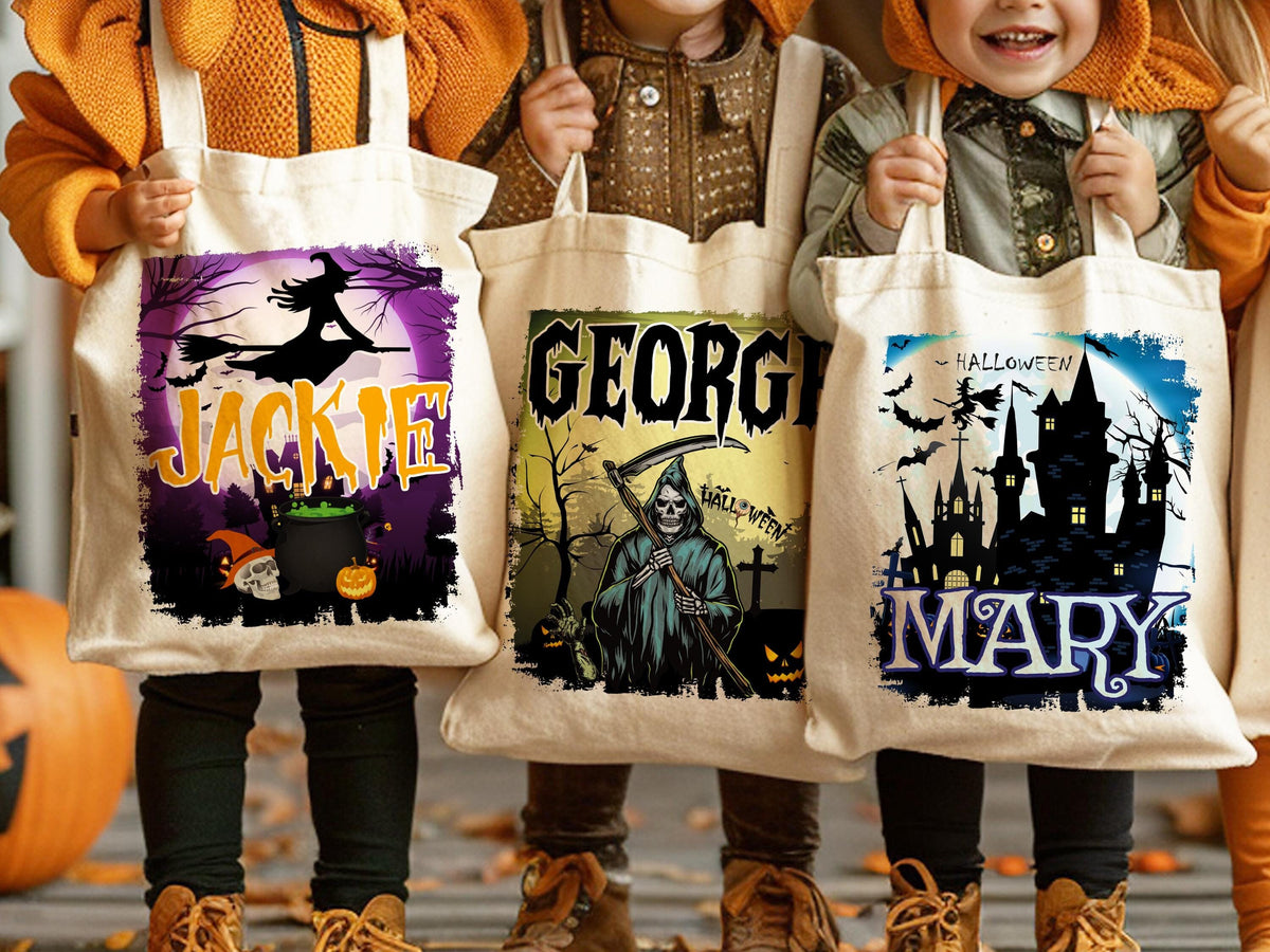 Personalized Halloween Trick or Treat Bag: Witch, Cat, Castle Design