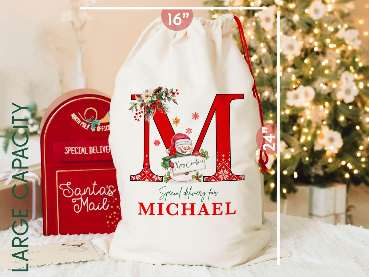 Christmas Santa Gift Bag for Kids Christmas, Custom Christmas Eve Bag, Sack for Christmas Presents, Holiday Gift Bag, Initial Snowman Secret
