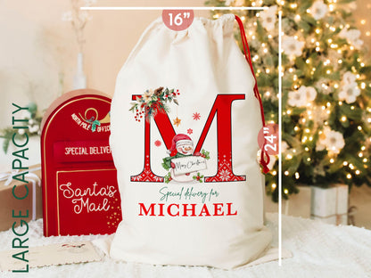 Christmas Santa Gift Bag for Kids Christmas, Custom Christmas Eve Bag, Sack for Christmas Presents, Holiday Gift Bag, Initial Snowman Secret