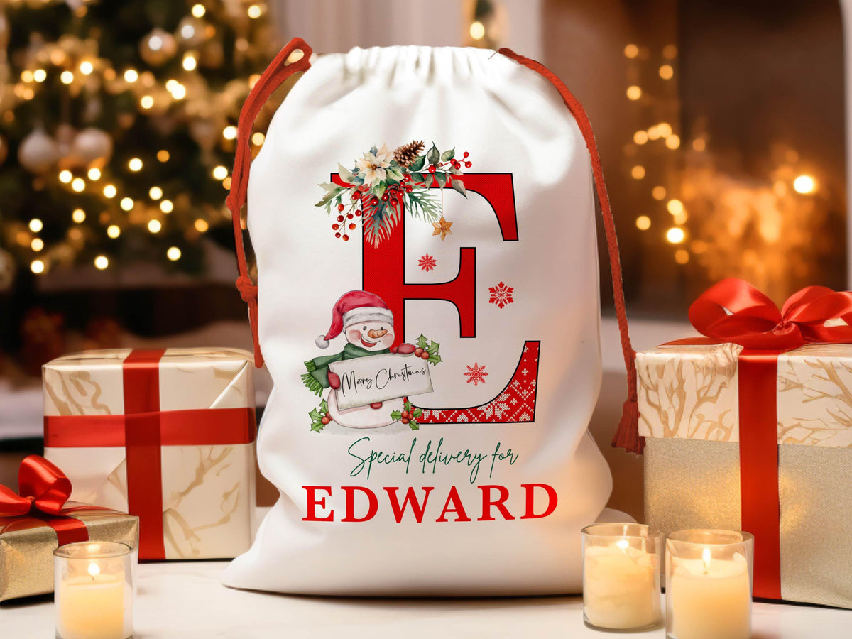 Christmas Santa Gift Bag for Kids Christmas, Custom Christmas Eve Bag, Sack for Christmas Presents, Holiday Gift Bag, Initial Snowman Secret