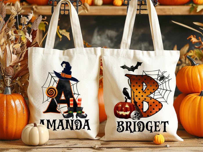 Trick Or Treat Bag, Custom Halloween Bags for Kids, Personalized Halloween Canvas Bag, Custom Halloween Tote with Name, Reusable Candy Bag