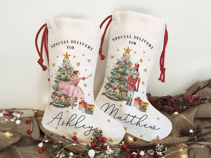 Christmas Santa Stocking, Christmas Nutcracker Ballerina Reindeer Stocking for Christmas, Special Delivery Kids Stocking, Custom Stocking