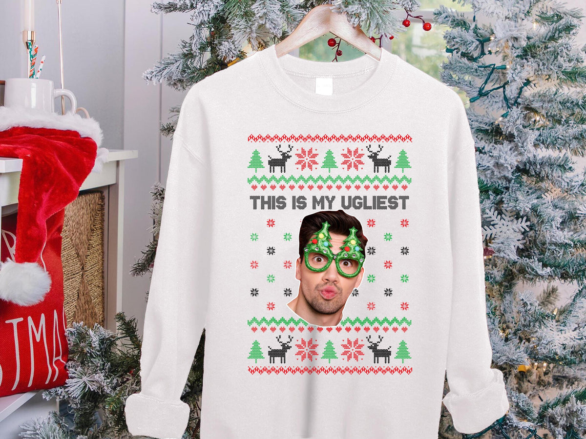 Custom Funny Face Sweatshirt, Personalized Ugly Christmas Sweater, Custom Photo Shirt, Personalized Text Tee, Christmas Pattern, Unique Gift