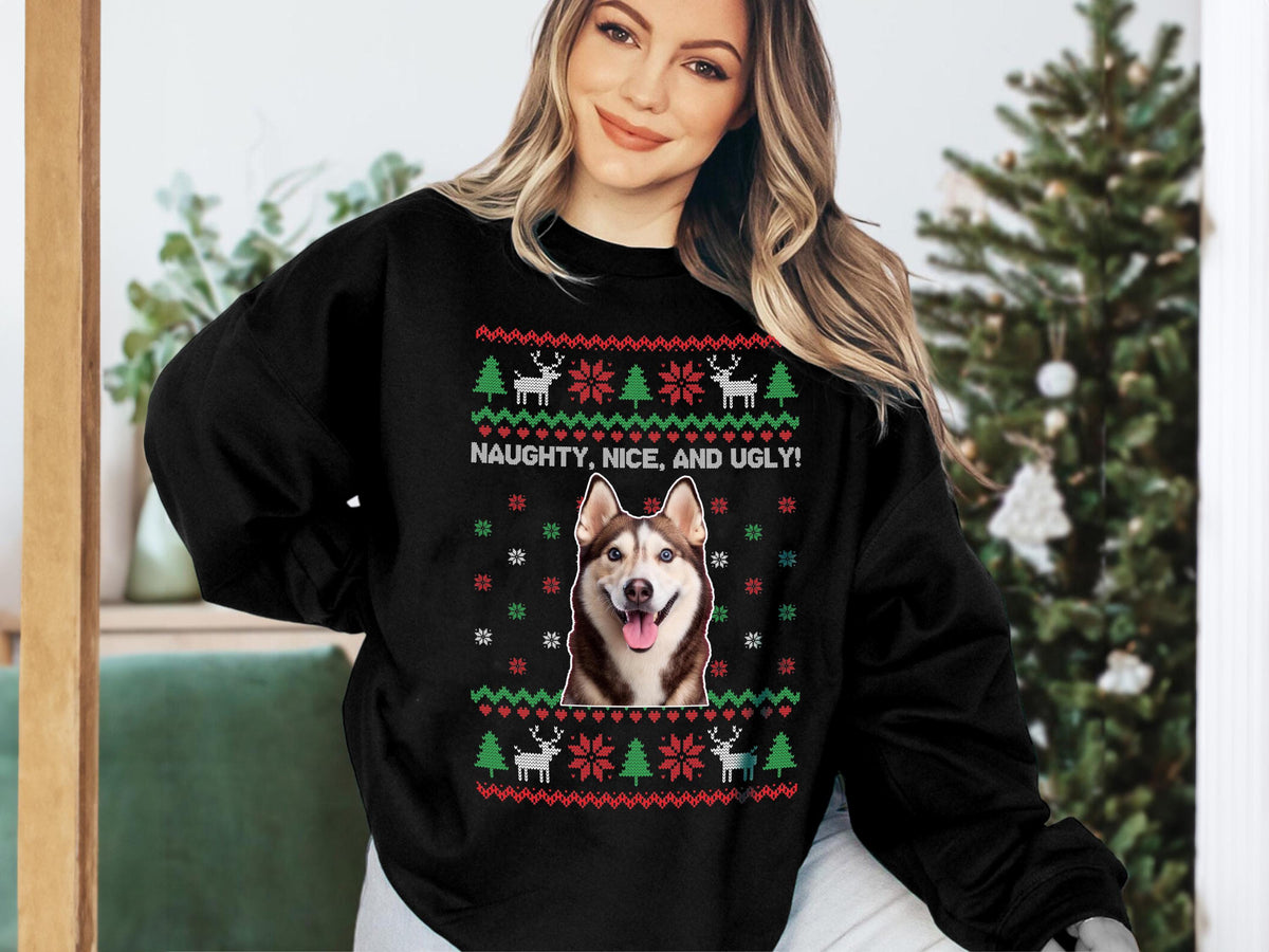 Custom Funny Face Sweatshirt, Personalized Ugly Christmas Sweater, Custom Photo Shirt, Personalized Text Tee, Christmas Pattern, Unique Gift