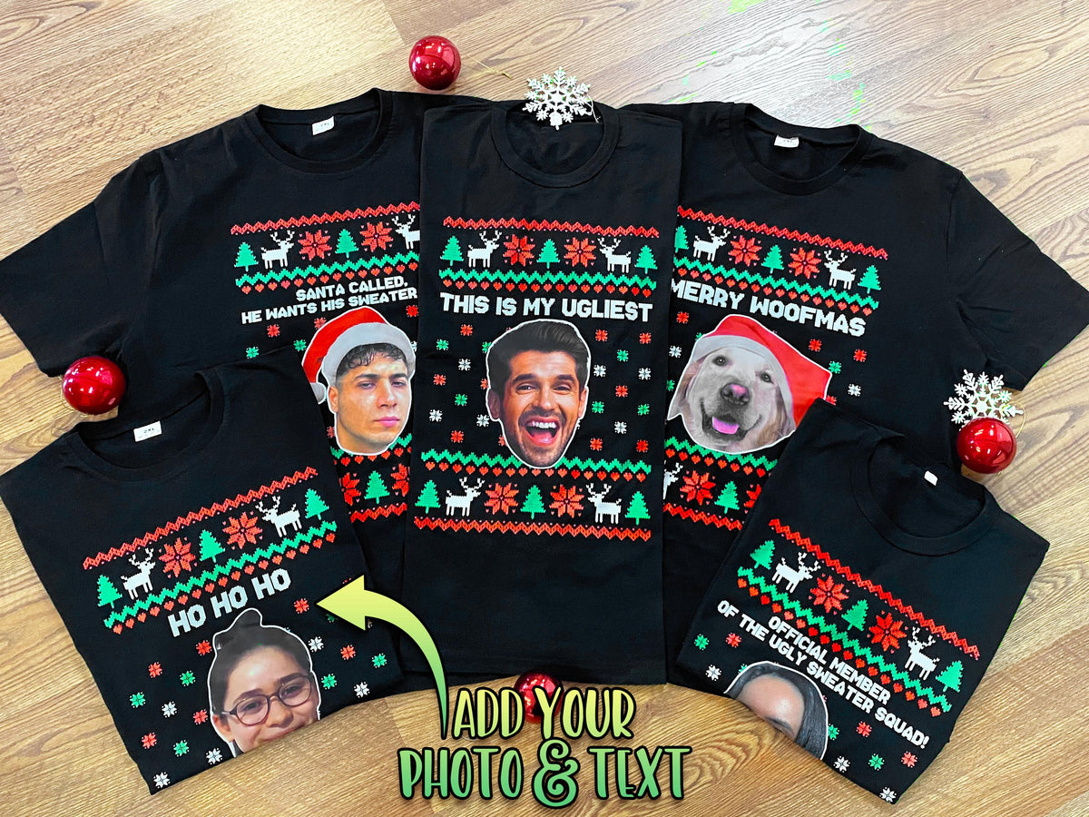 Custom Funny Face Sweatshirt, Personalized Ugly Christmas Sweater, Custom Photo Shirt, Personalized Text Tee, Christmas Pattern, Unique Gift