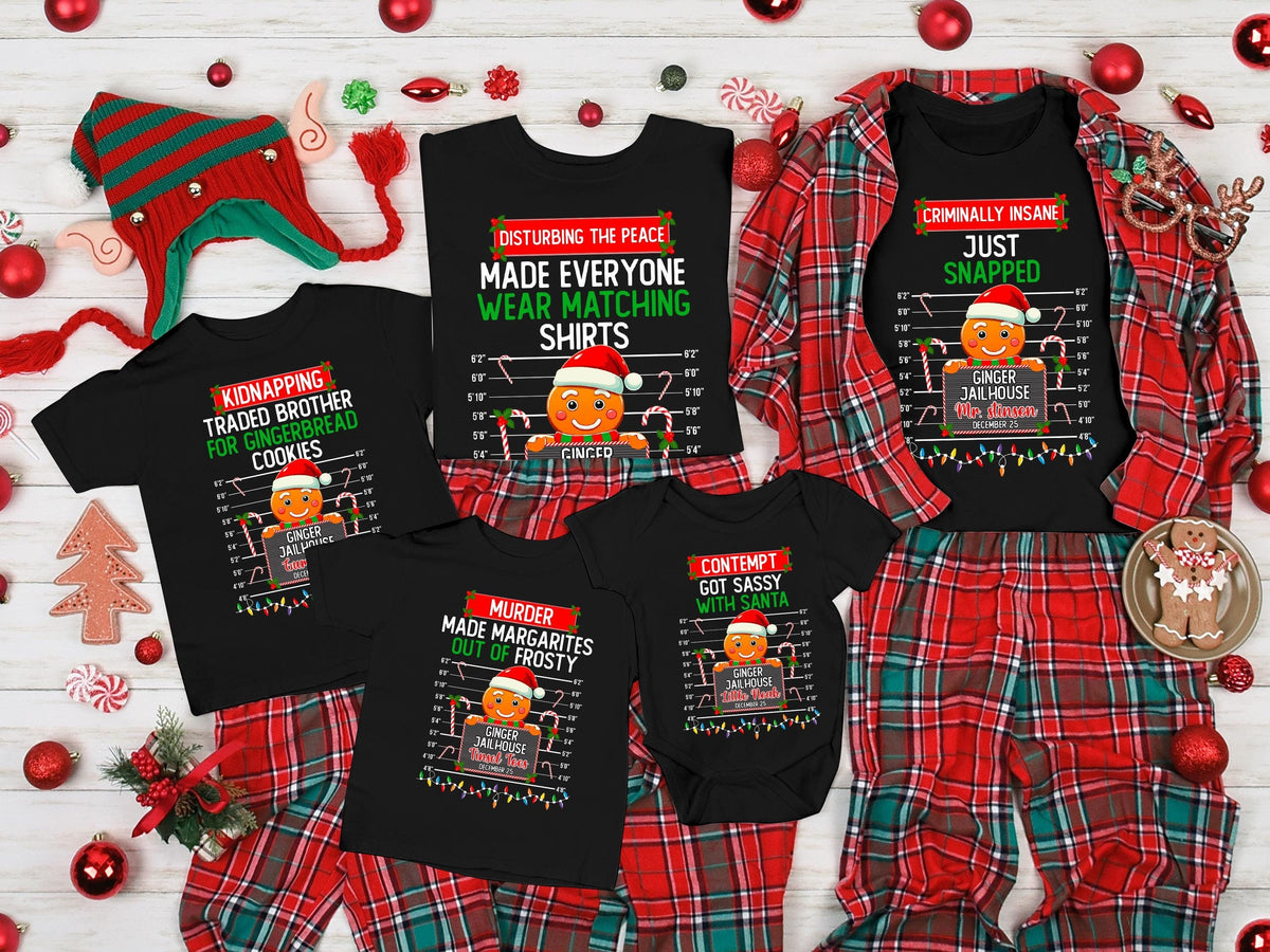 Personalized Gingerbread Family Christmas Shirt, Group Matching Christmas Outfits, Christmas Holiday Tee, Funny Gingerbread Mugshot Shirt