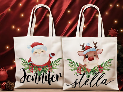 Personalized Christmas Tote Bags Custom Xmas/Noel Totes Bag Gifts Customized Santa Snowman Penguin Reindeer Tree Gnome Goodie Reusable Bags