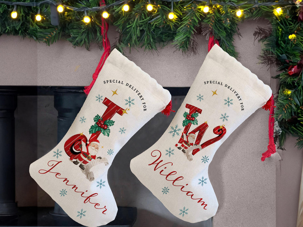 Custom Christmas Santa Stocking with Name, Personalized Christmas Stocking, Special Delivery Kids Stocking for Holiday Family Xmas Gifts