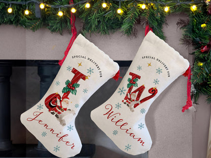 Custom Christmas Santa Stocking with Name, Personalized Christmas Stocking, Special Delivery Kids Stocking for Holiday Family Xmas Gifts
