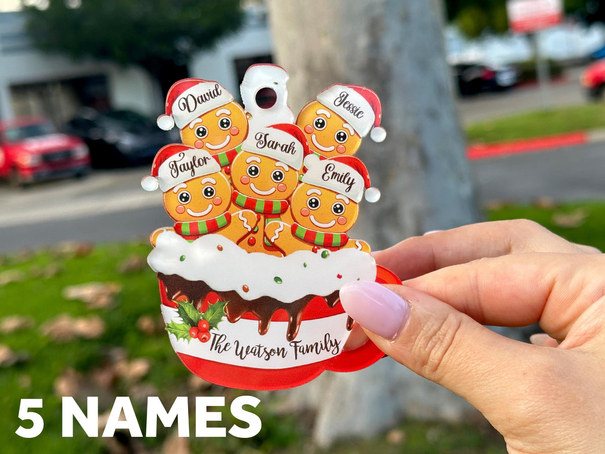 Personalized Clear Gingerbread Family Christmas Ornament – Customizable with Up to 9 Names and Bottom Text, Personalized Holiday Ornament