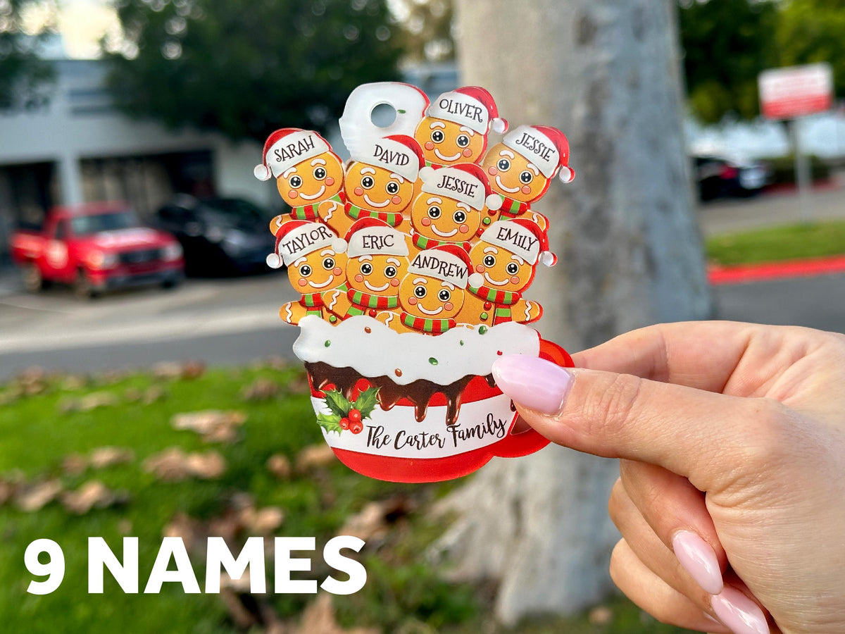 Personalized Clear Gingerbread Family Christmas Ornament – Customizable with Up to 9 Names and Bottom Text, Personalized Holiday Ornament