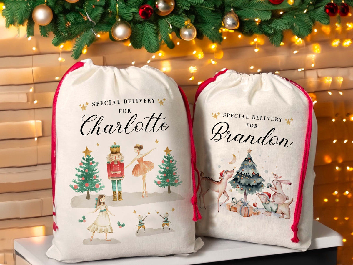 Personalized Christmas Eve Box Nutcracker Ballerina Reindeer Gift Bag for Kids Christmas, Special Delivery Christmas Santa Sack with Name